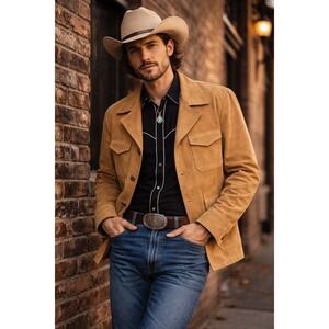 Vintage 70s Western Urban Cowboy Rockabilly Designer Tan Suede Men's 44R Jacket